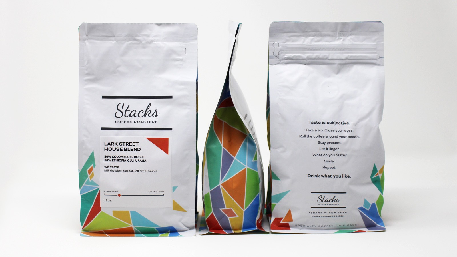 Stacks Coffee Roasters | Front and Back of Coffee bag