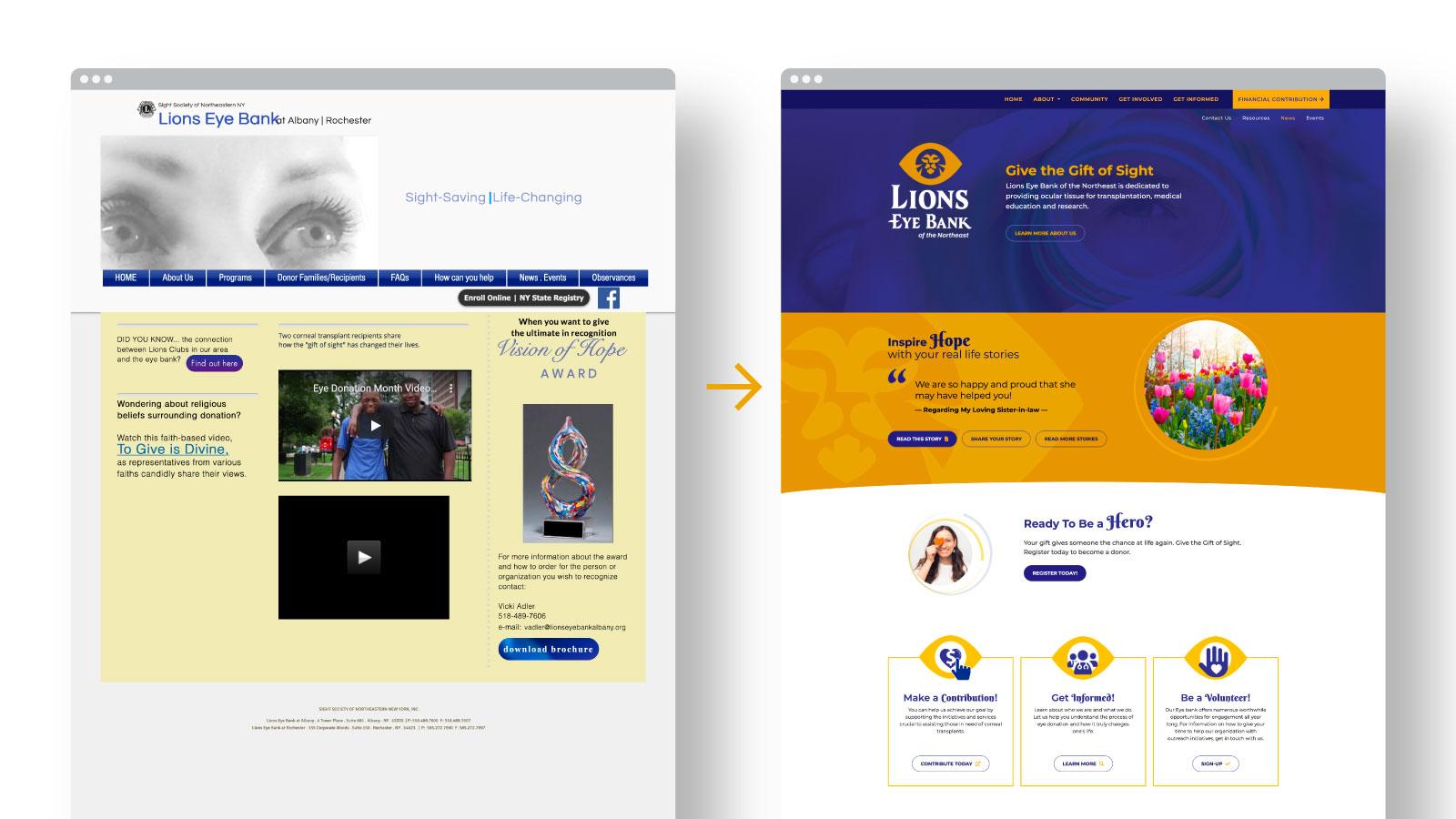 Lions Eye Bank of the Northeast | old website vs new website